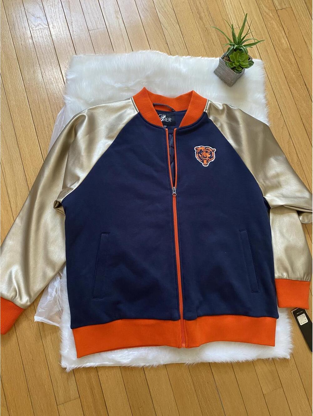 Chicago Bears Woman's Varsity Bomber Jacket with Gold Sleeves XL